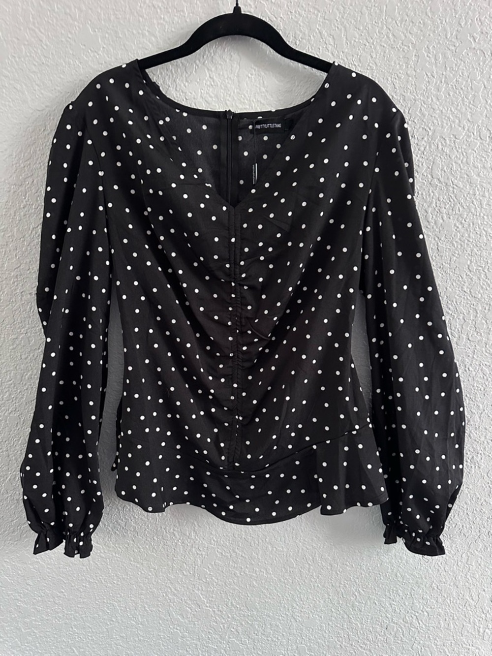 PrettyLittleThing Black Polka Dot Ruched Blouse Peplum Long Sleeve Size 6 NWT